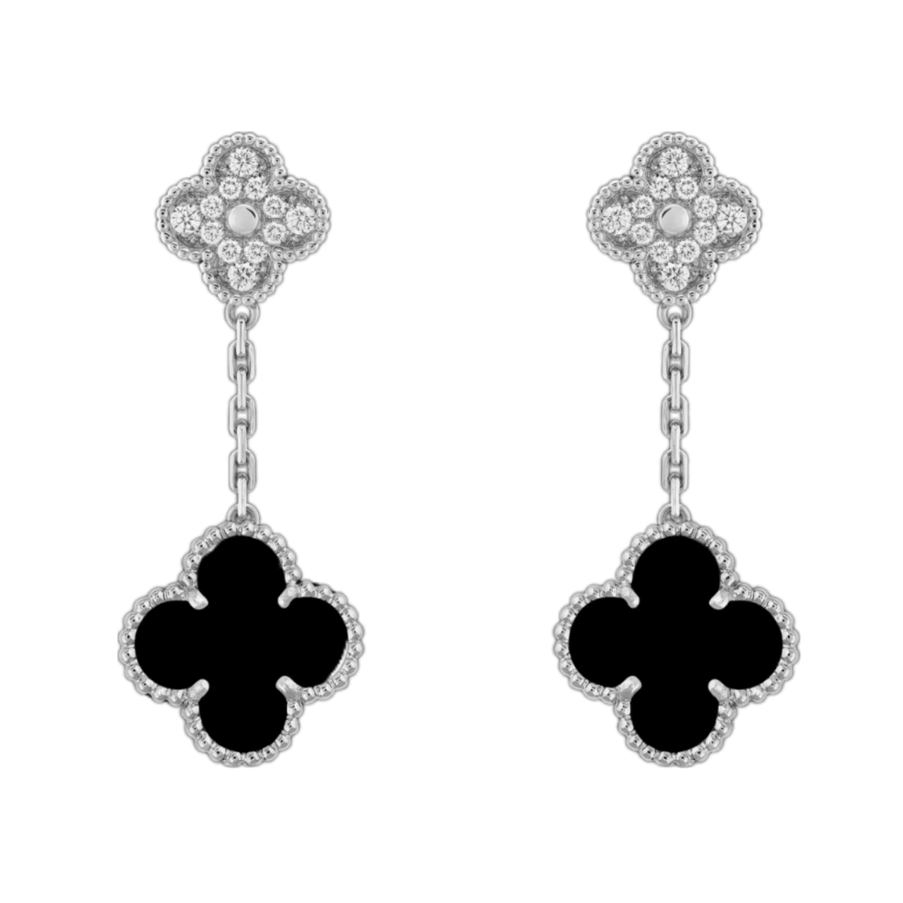 Van Cleef Magic Alhambra Earrings 2 Motifs - White Gold, Diamond, Onyx
