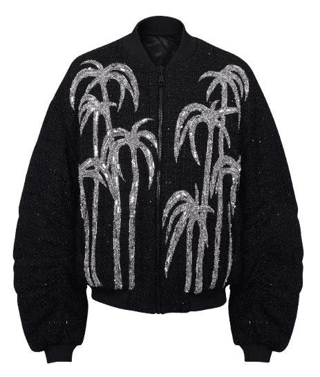 Balmain Tweed Bomber Jacket With Palm Tree Embroider - Black