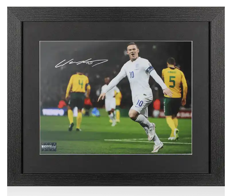 Wayne Rooney Signed England Photo In Black Wooden Frame: Goal Celebration