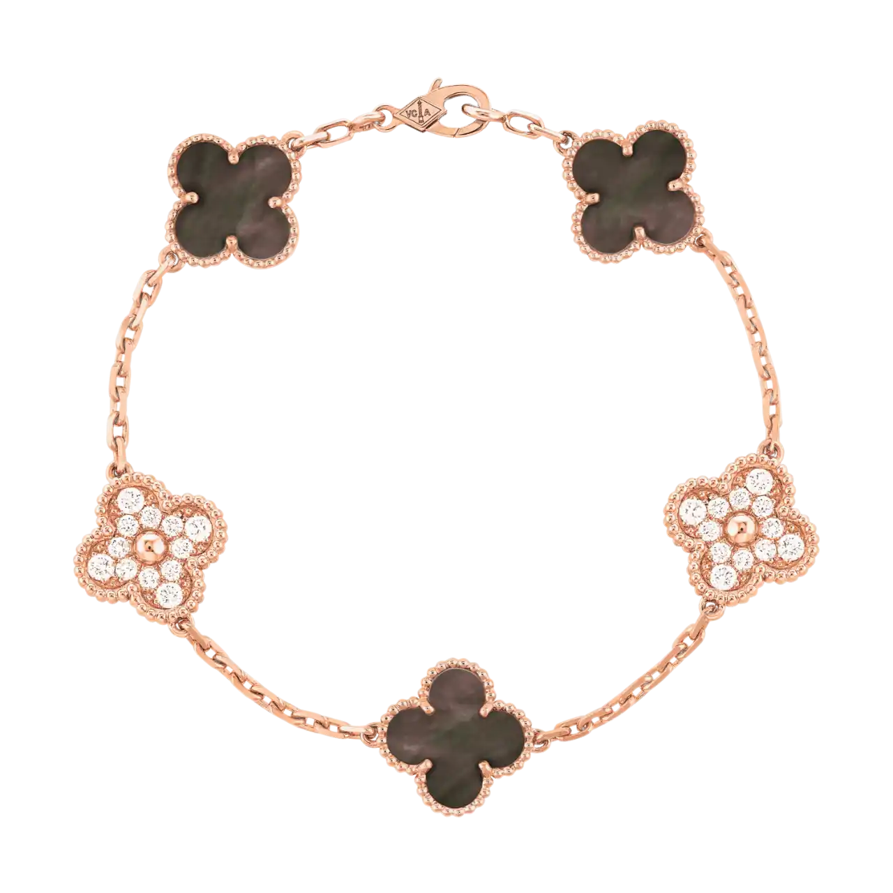 Van Cleef Vintage Alhambra Bracelet 5 Motifs - Rose Gold, Diamond, Mother-of-Pearl