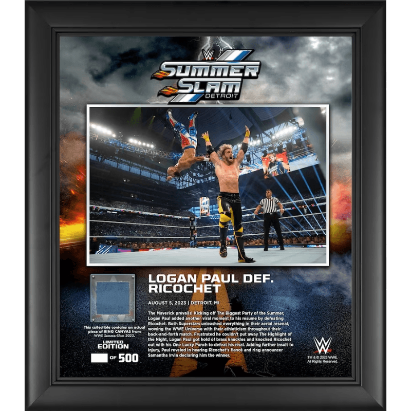 Logan Paul WWE Framed 15" x 17" 2023 SummerSlam Collage with a Piece of Match-Used Canvas - Limited Edition of 500