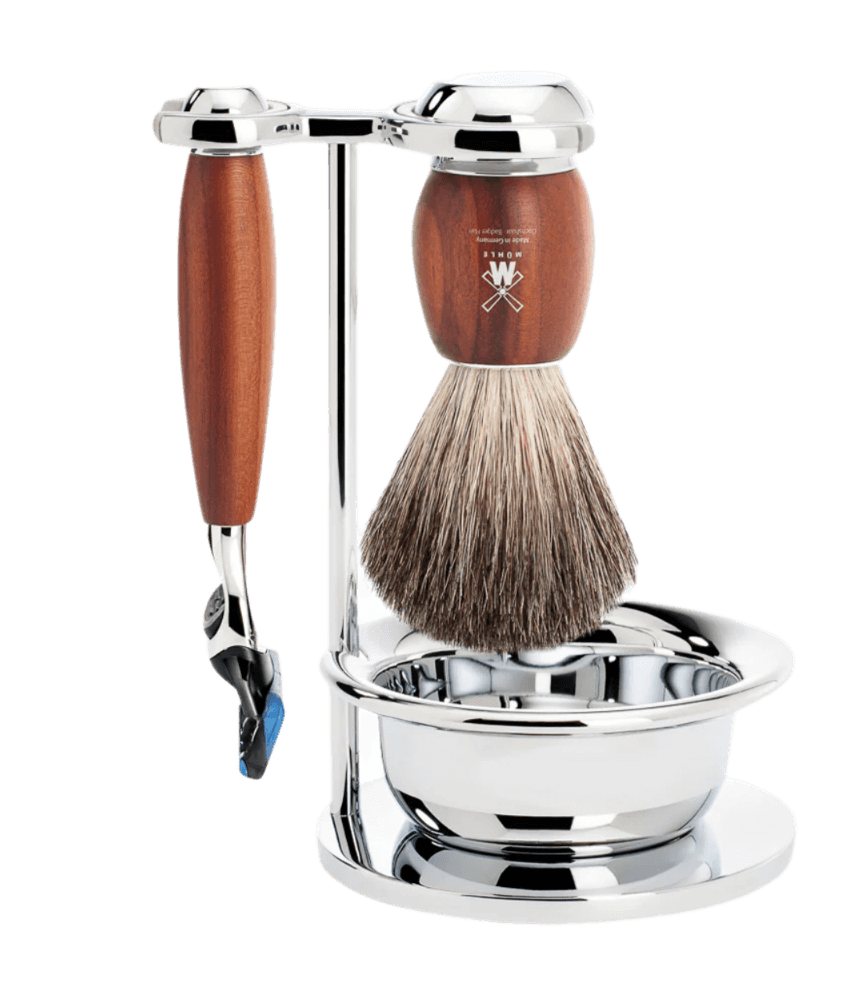 MÜHLE VIVO Plum Wood Pure Badger Brush and Fusion Razor Shaving Set with Bowl