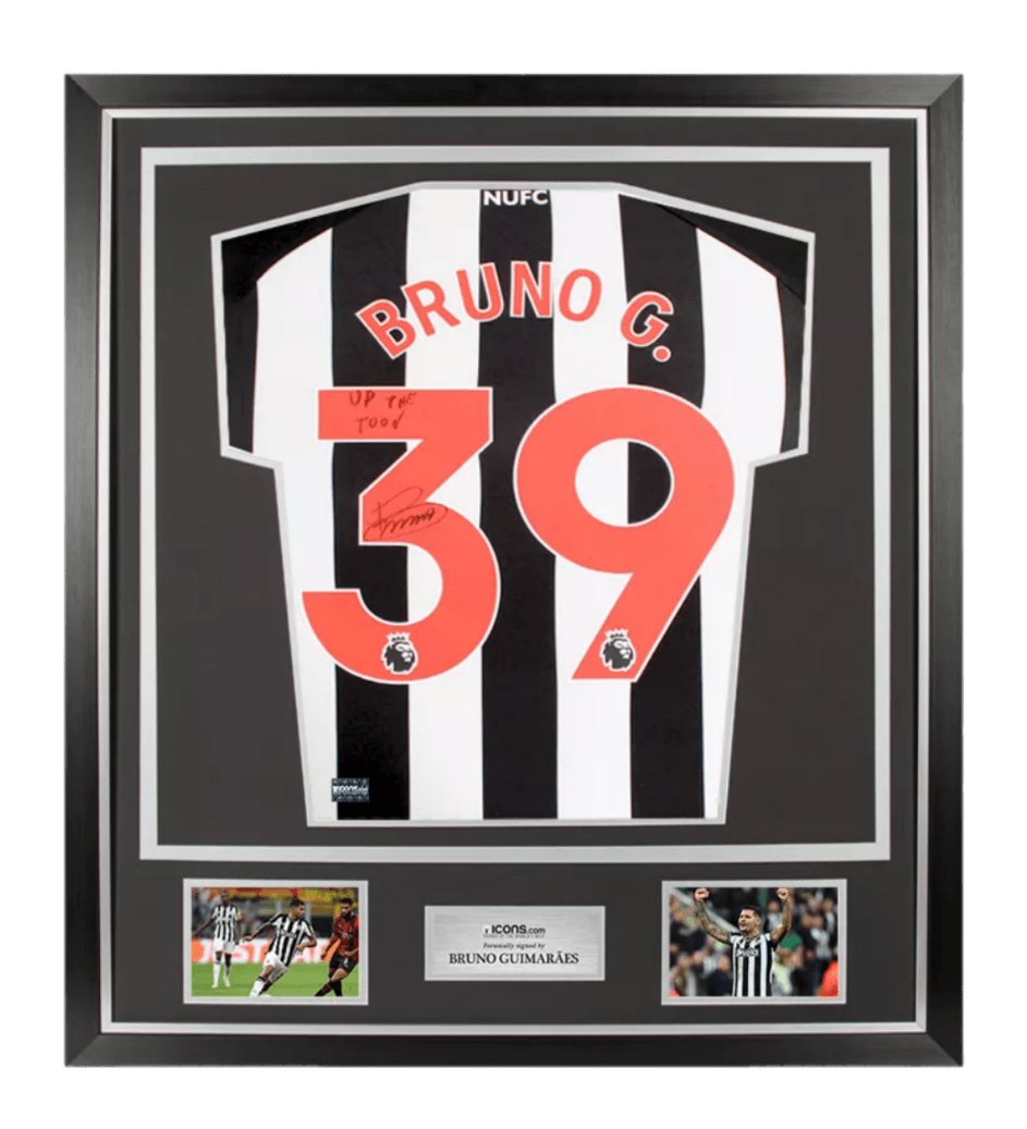 Bruno Guimarães Back Signed Newcastle United 2023-24 Home Shirt - Up The Toon Inscription In Classic Frame
