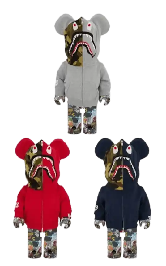 Bearbrick Bape Legacy Camo Shark 3 PC Set 1000% - Grey/Red/Navy