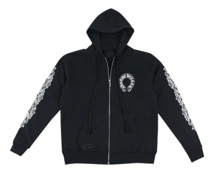 Chrome Hearts Horseshoe Floral Cross-Sleeve Zip Up Hoodie - Black/White