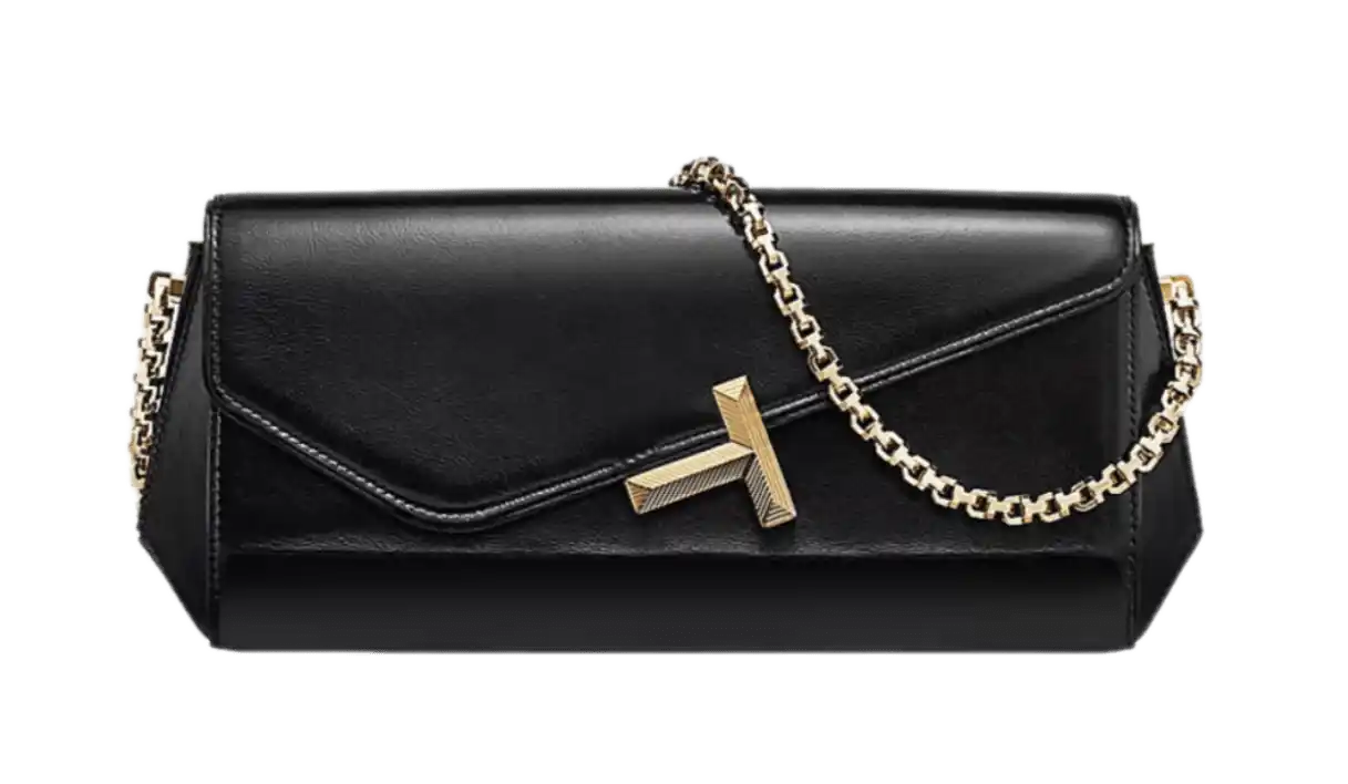 Tiffany T Clutch - Black Leather with Chain