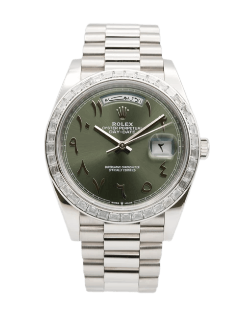Rolex Day-Date Olive Green Hindu Arabic Dial - 40mm, Platinum, Diamond Bezel (2022)