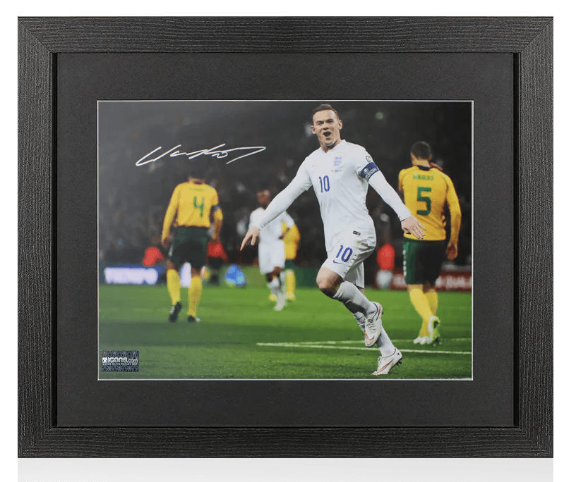 Wayne Rooney Signed England Photo In Black Wooden Frame: Goal Celebration