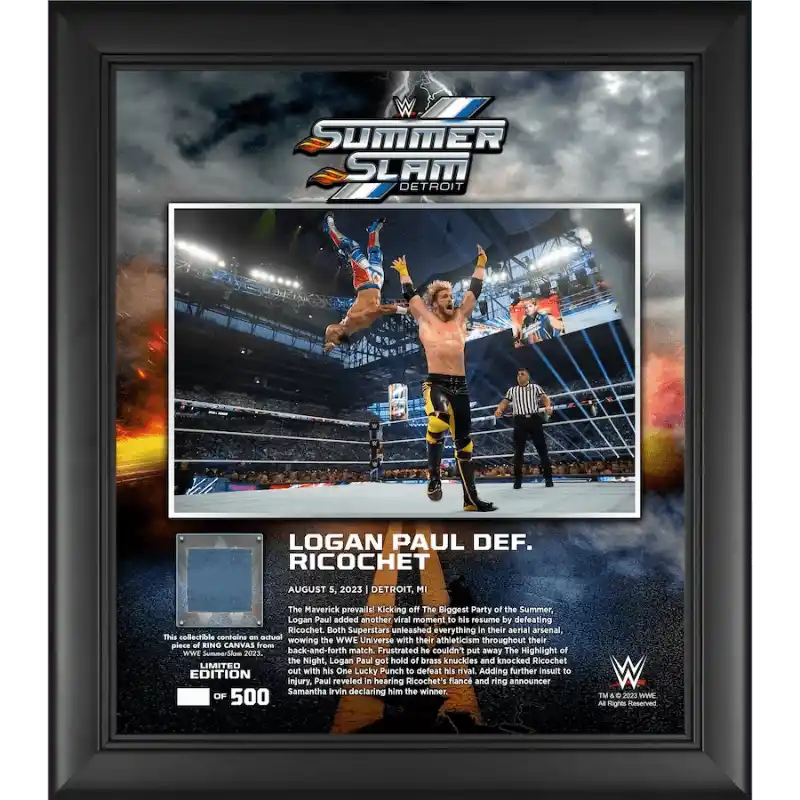 Logan Paul WWE Framed 15" x 17" 2023 SummerSlam Collage with a Piece of Match-Used Canvas - Limited Edition of 500