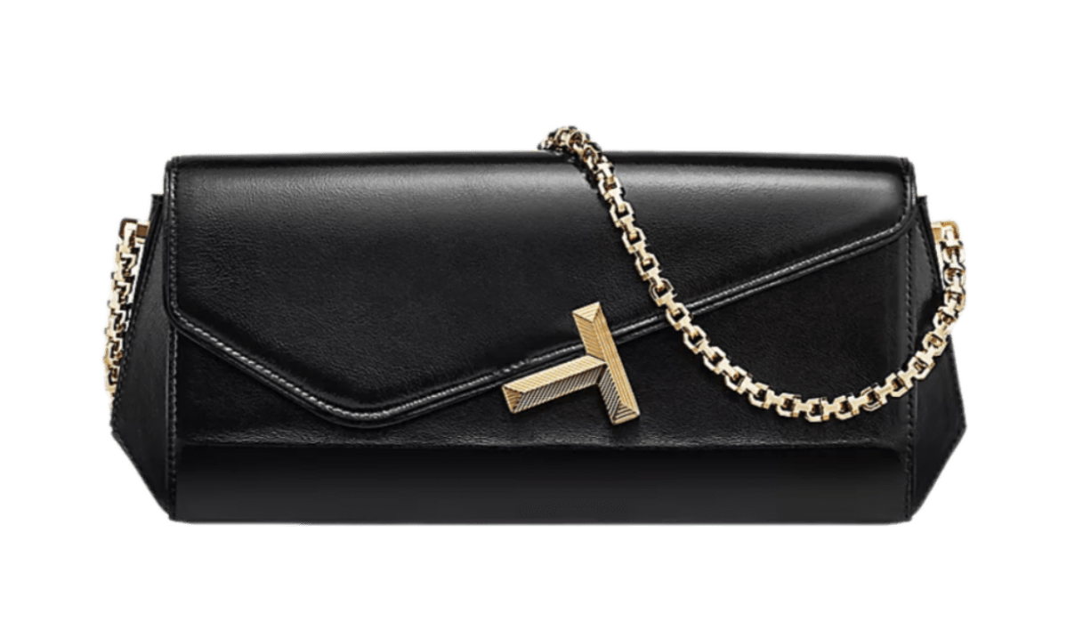 Tiffany T Clutch - Black Leather with Chain