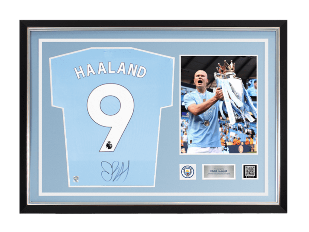 Erling Haaland Official Manchester City Back Signed and Framed 2023-24 Home Shirt: Champions Edition