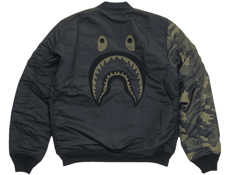 BAPE Undefeated Woodland Camo Sleeve Capsule Shark MA1 Bomber Flight Jacket - Black/Green