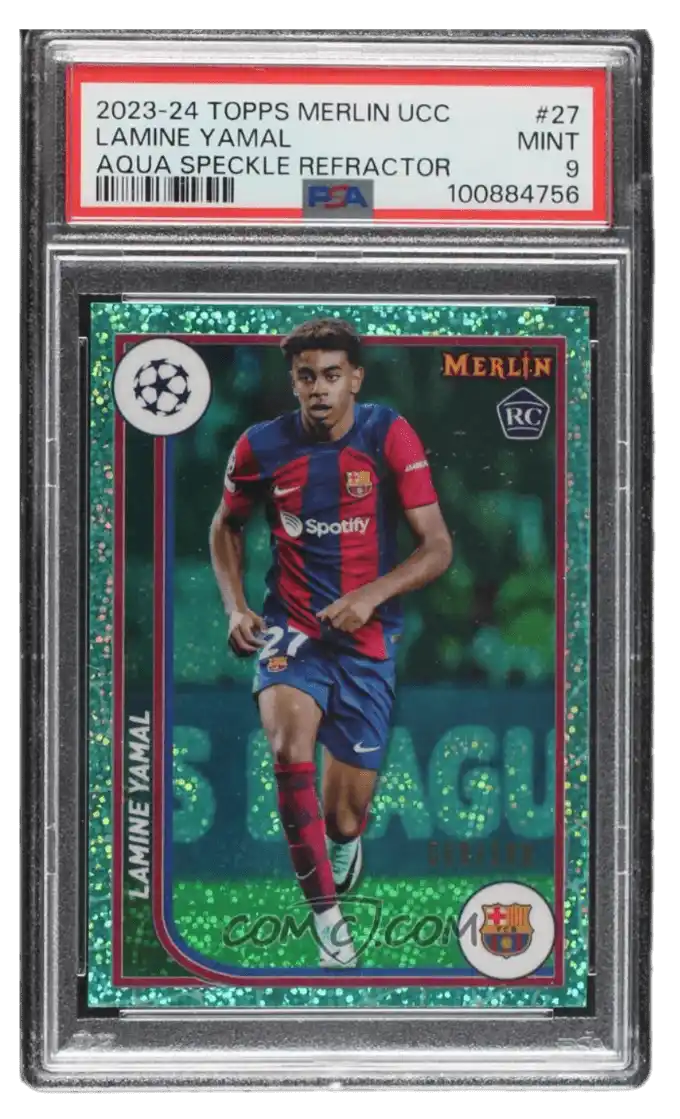 2023-24 Topps Merlin UEFA Club Competitions - Aqua Speckle Refractor #27 - Lamine Yamal /199 PSA 9 MINT