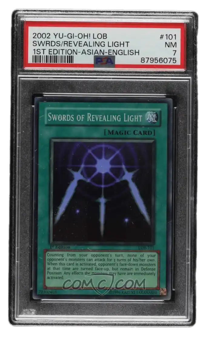 2002 Yu-Gi-Oh! Legend of Blue Eyes White Dragon - 1st Edition #LOB-101 - Swords of Revealing Light PSA 7 NM