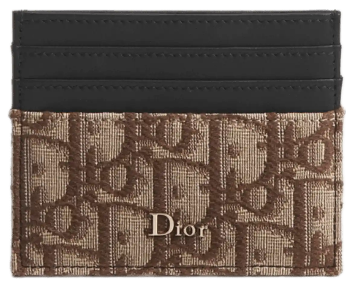 Dior Card Holder - Black Smooth Calfskin Marquetry and Brown Dior Oblique Jacquard