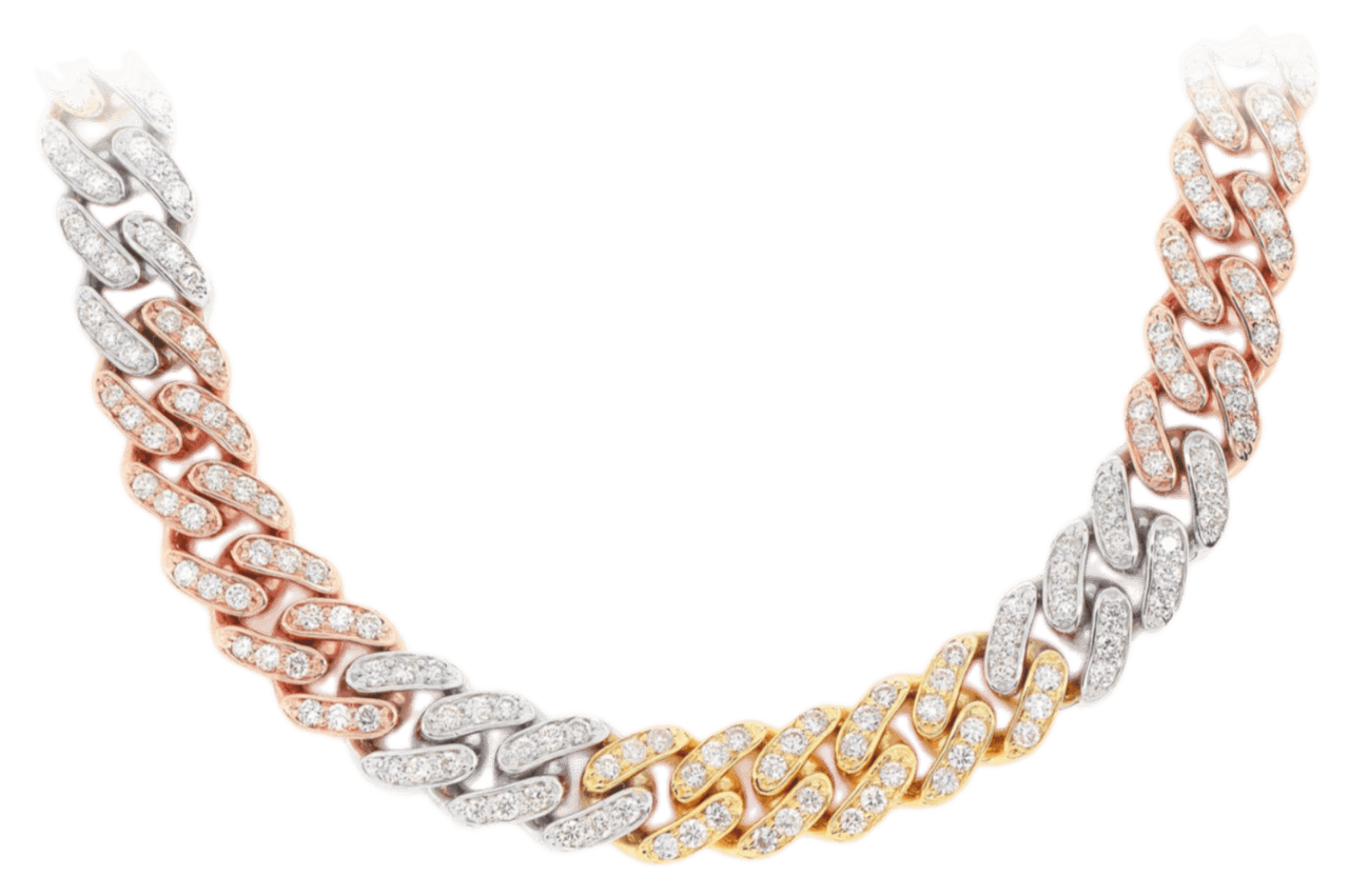 Miami Cuban Link Diamond Necklace 8mm 14k Tri Tone Solid Gold 10ct
