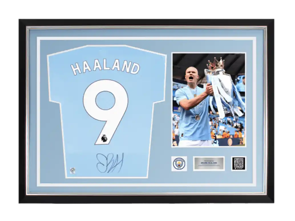 Erling Haaland Official Manchester City Back Signed and Framed 2023-24 Home Shirt: Champions Edition