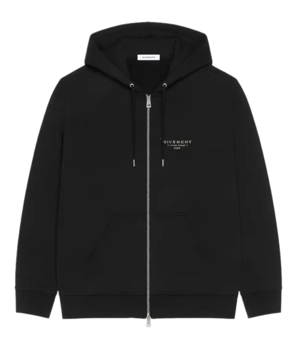 Givenchy Zipped Hoodie in Fleece With Givenchy Stamp Print - Black