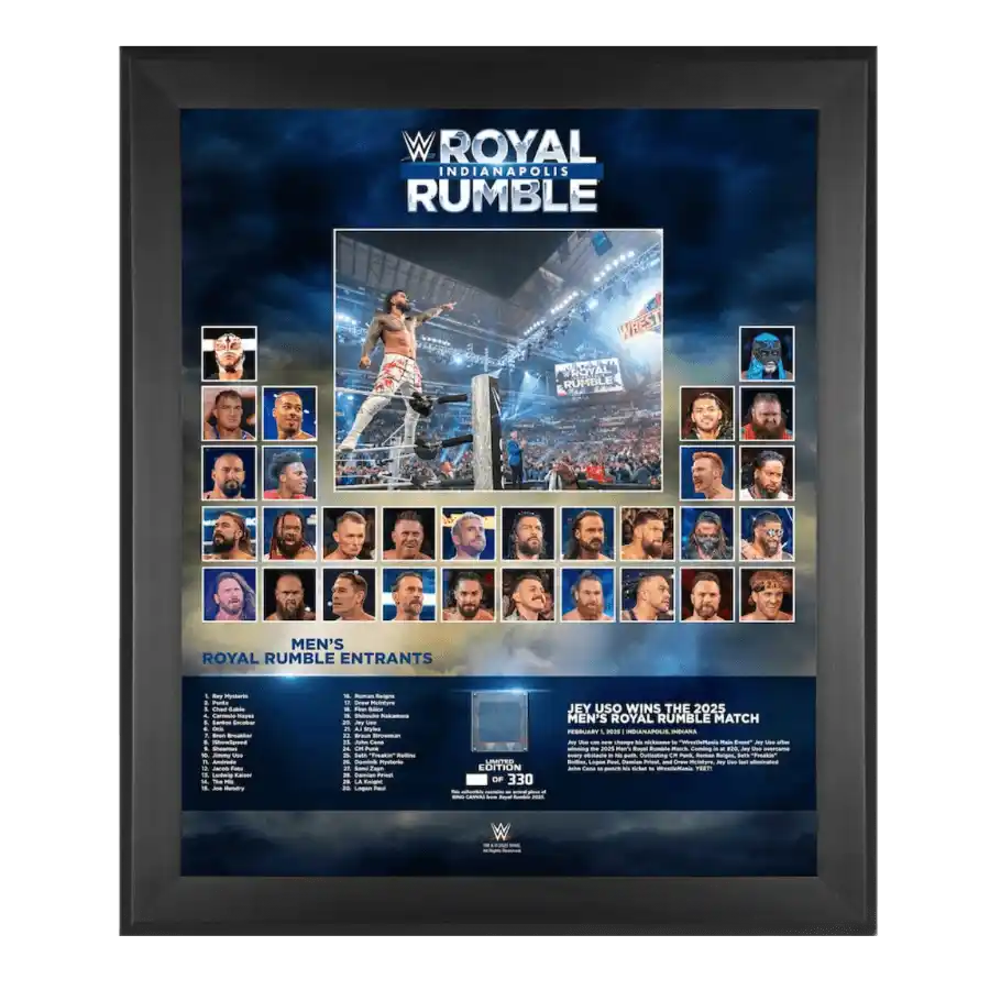 Jey Uso WWE Framed 20" x 24" 2025 Men's Royal Rumble Match Collage with a Piece of Match-Used Canvas - Limited Edition of 330