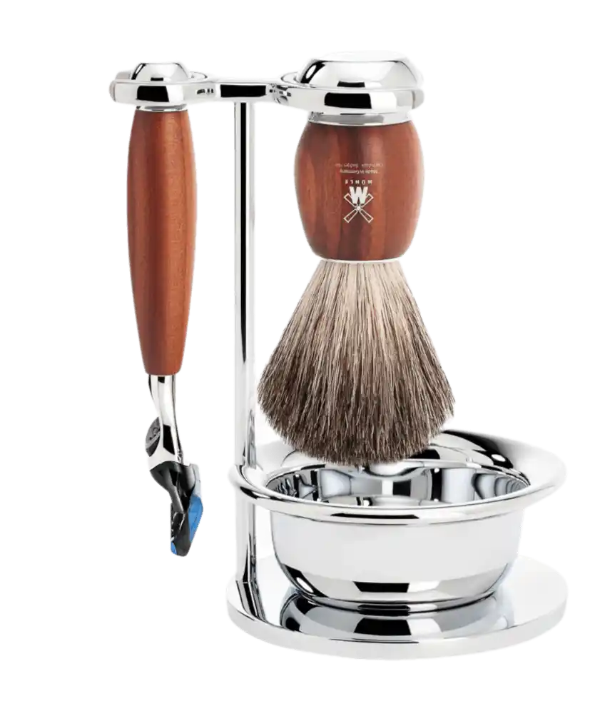 MÜHLE VIVO Plum Wood Pure Badger Brush and Fusion Razor Shaving Set with Bowl