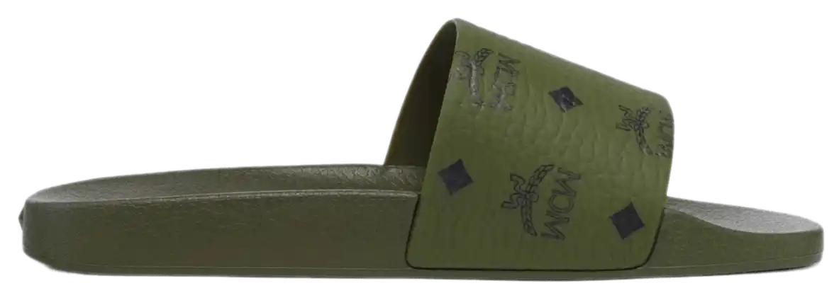 MCM Monogram Print Rubber Slides - Khaki Moss