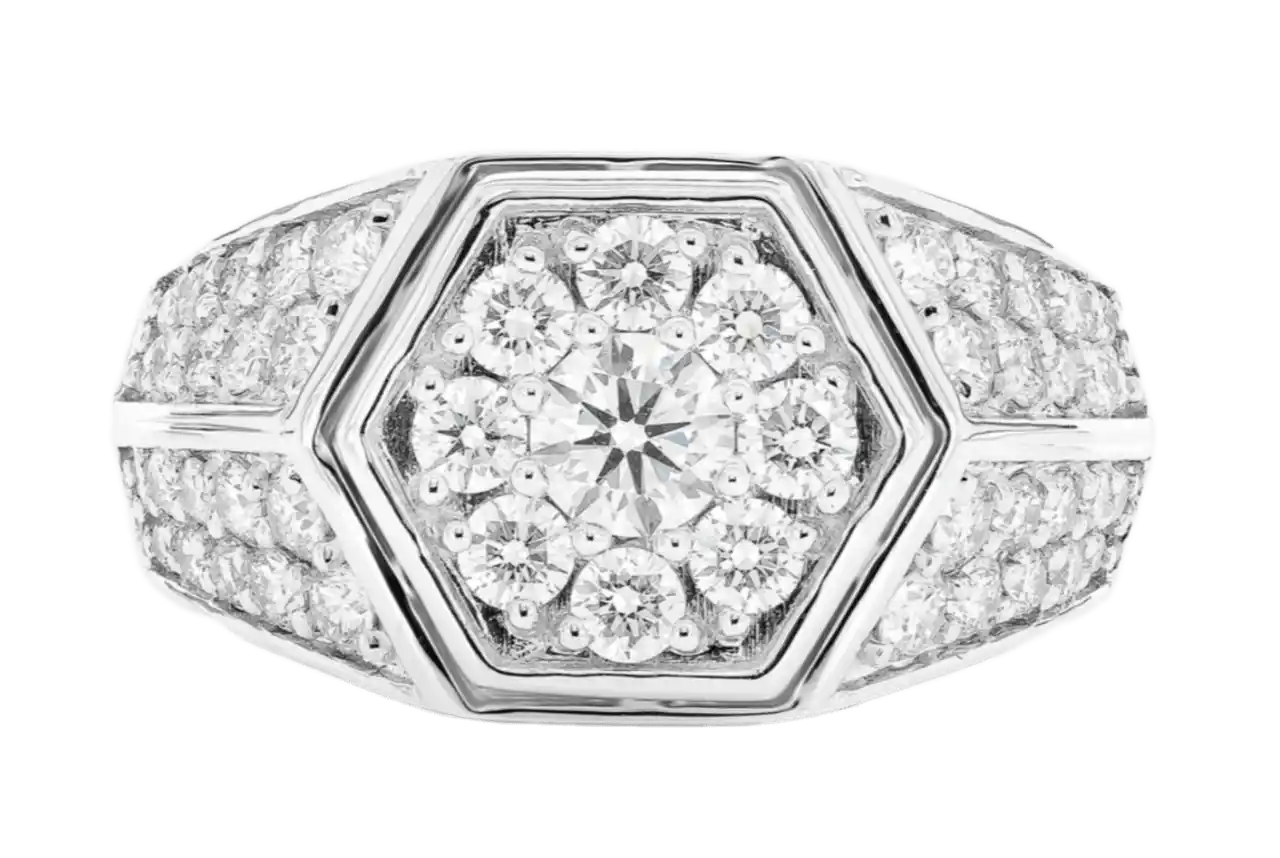 Hexagon Cluster Signet Diamond Ring 14k Solid White Gold 1.75ctw