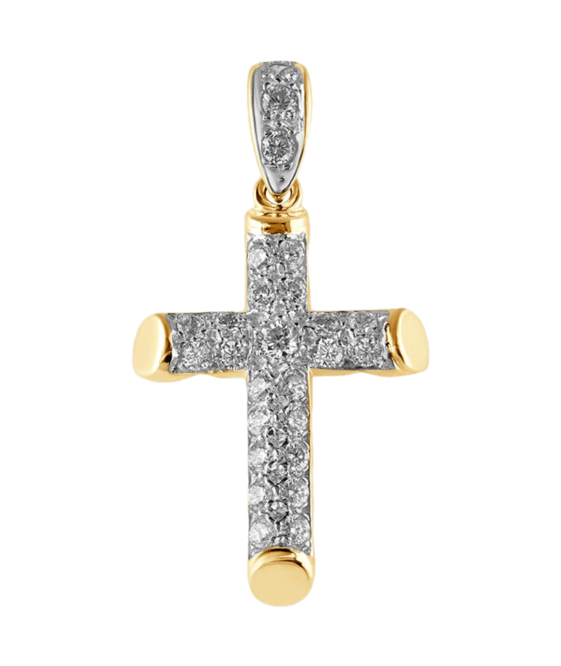 9ct Yellow Gold Round Tubed CZ Gem-set Cross Pendant - 18mm