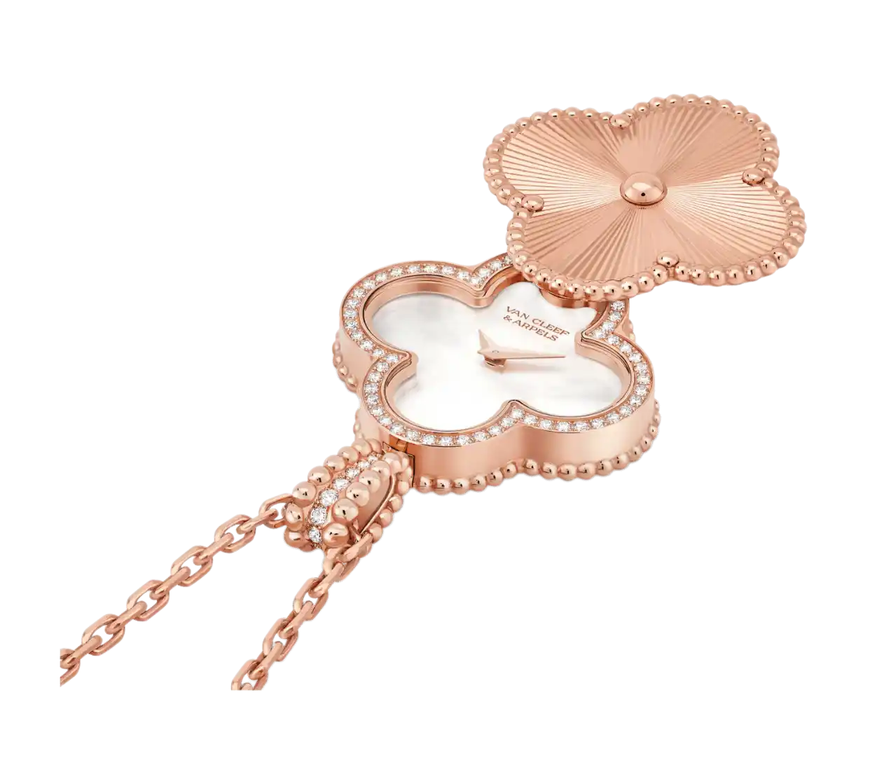 Van Cleef Alhambra Secret Pendant Watch White Mother-of-Pearl Dial - 28mm, Rose Gold