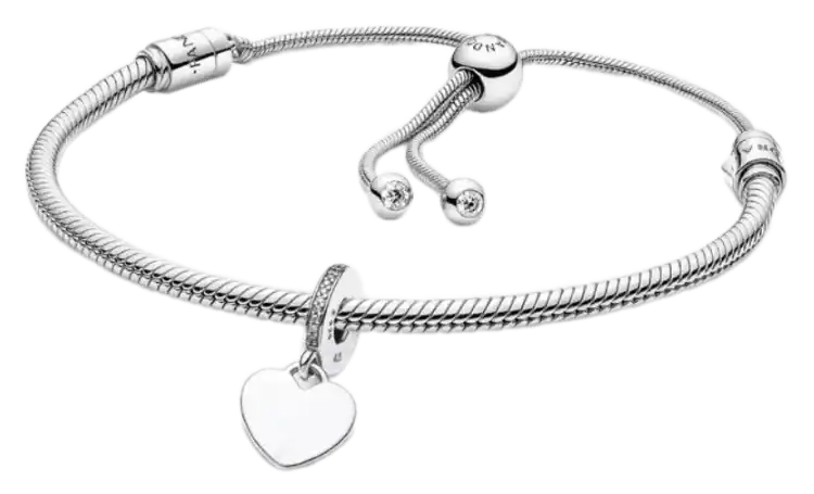 Pandora Engravable Heart Tag Dangle Charm Snake Chain Slider Bracelet Set