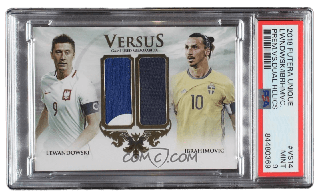 2018 Futera Unique - Versus Dual Materials #VS14 - Robert Lewandowski, Zlatan Ibrahimovic /35 PSA 9 MINT