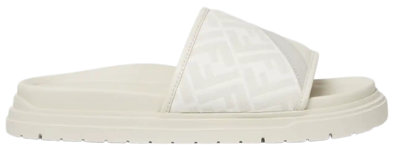 Fendi FF Jacquard and Leather Diagonal Slides - White