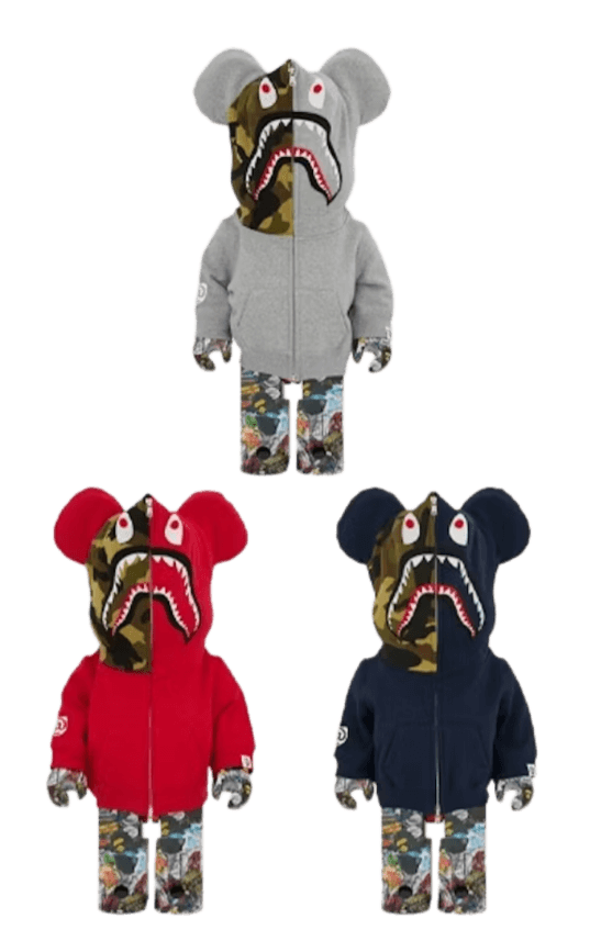 Bearbrick Bape Legacy Camo Shark 3 PC Set 1000% - Grey/Red/Navy