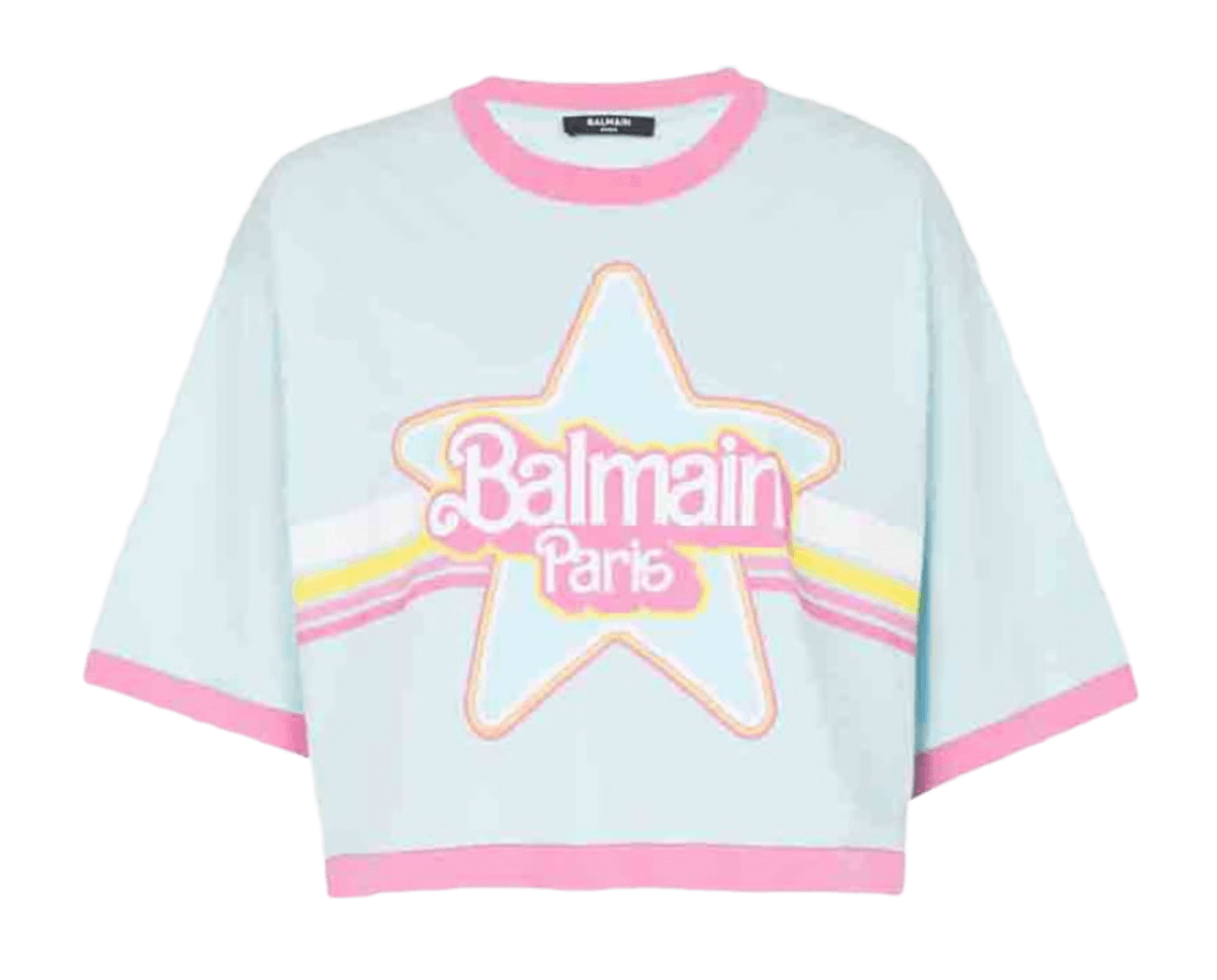 Balmain x Barbie - Blue Cotton Cropped T-shirt - Pink Balmain Logo Print