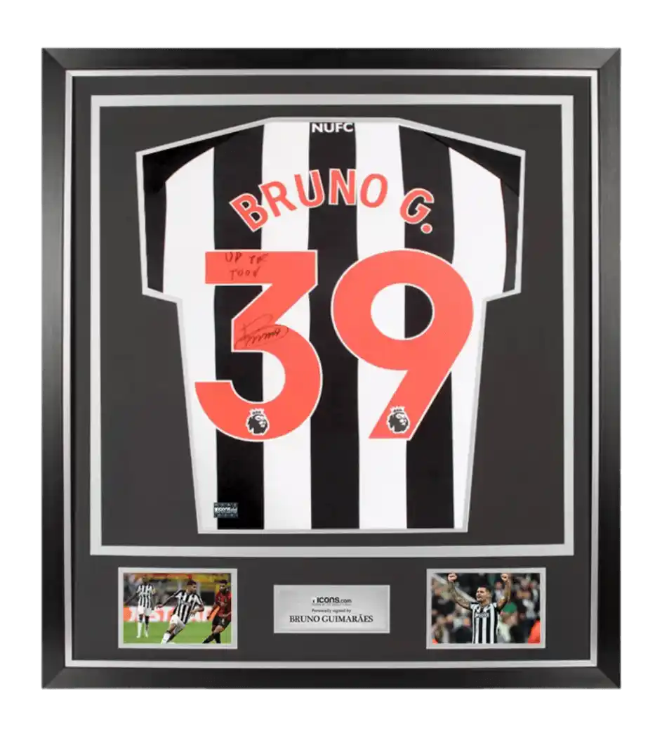 Bruno Guimarães Back Signed Newcastle United 2023-24 Home Shirt - Up The Toon Inscription In Classic Frame