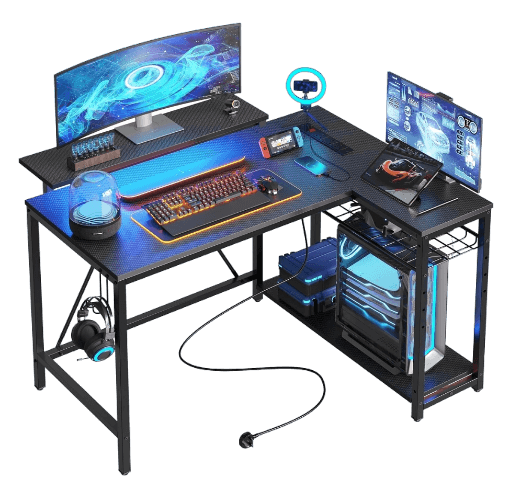 Bestier L Shaped Desk with Power Outlets & LED Lights Compact Corner Desk