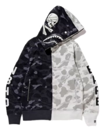 BAPE x Neighborhood Split Camo Shark Full Zip Hoodie - Black/White