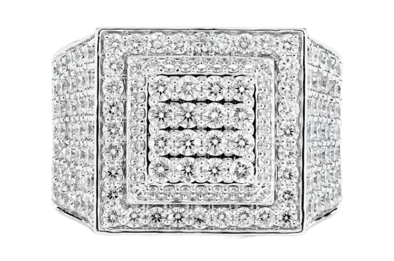 Two Tier Square Cluster Signet Diamond Ring 14k Solid White Gold 4.85ctw