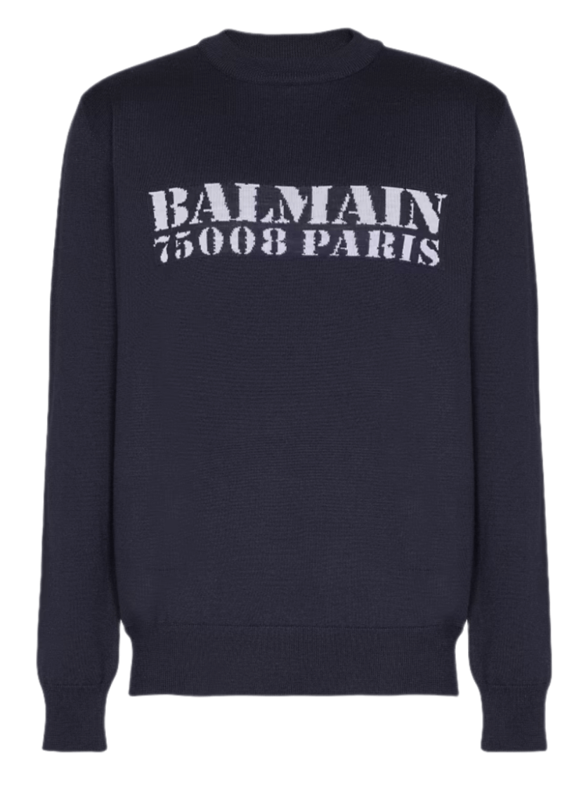 Balmain Stamp Merino Wool Jumper - Navy