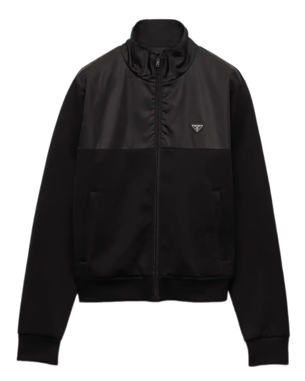 Prada Cotton Fleece Zipper Jacket with Re-Nylon Details - Black