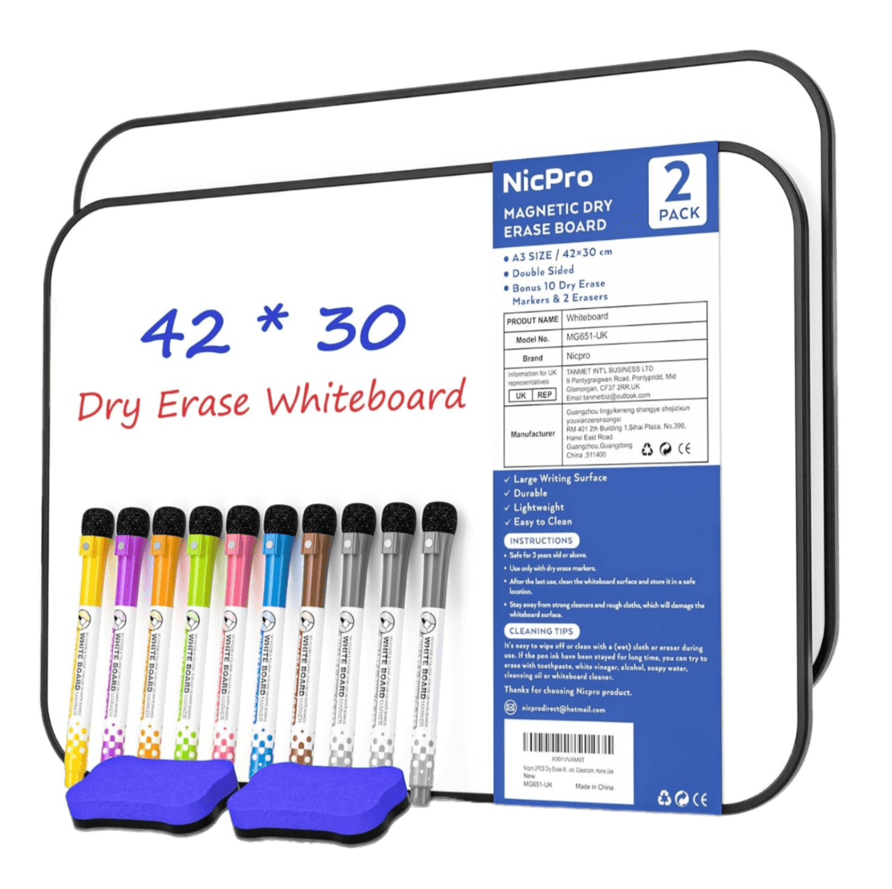 Nicpro 2 Pack Dry Erase Whiteboard A3