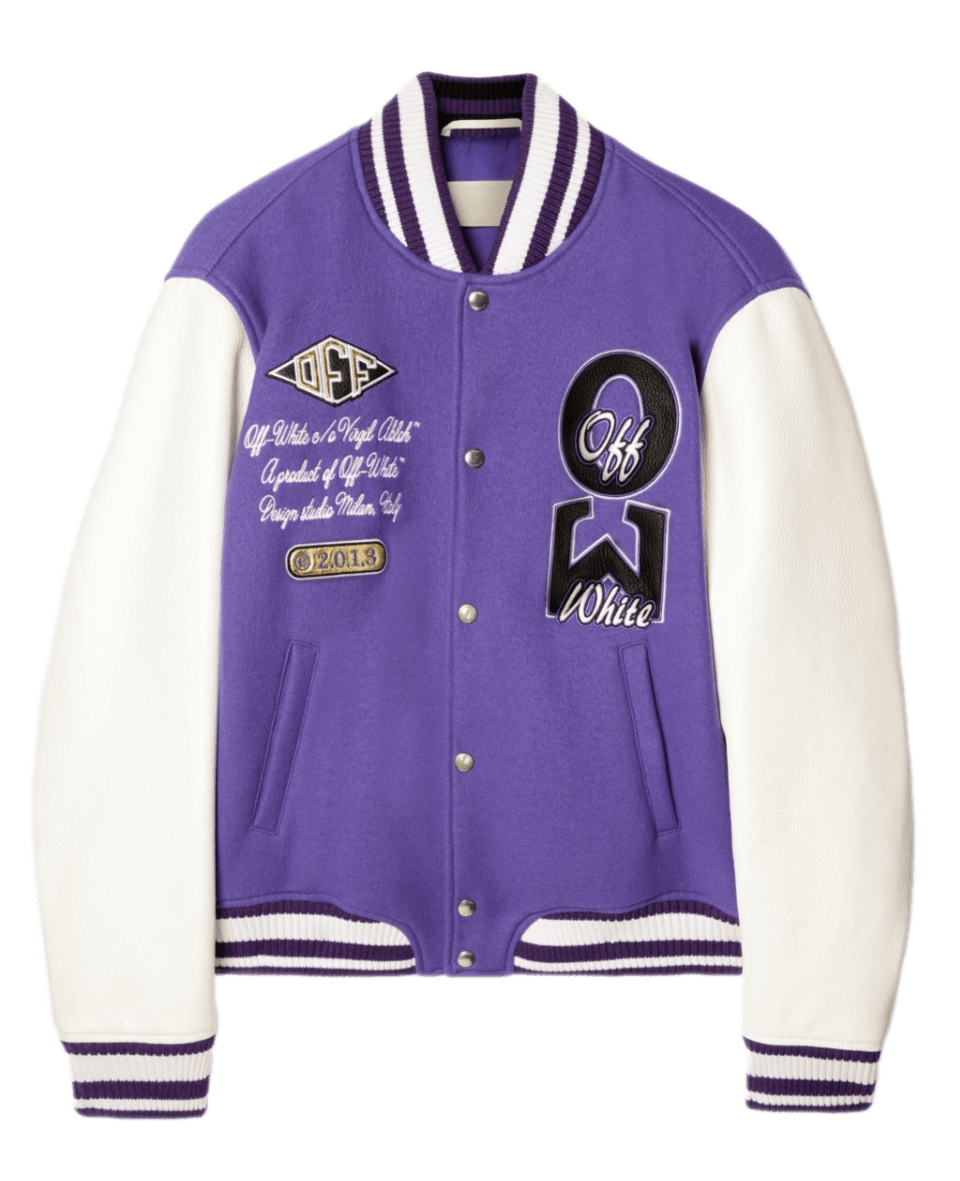Off-White Time Leather/Wool Varsity Jacket - Purple