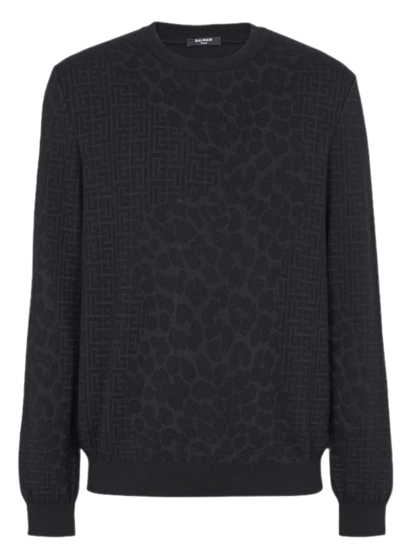 Balmain Monogram Knit and Leopard Pattern Jumper - Black