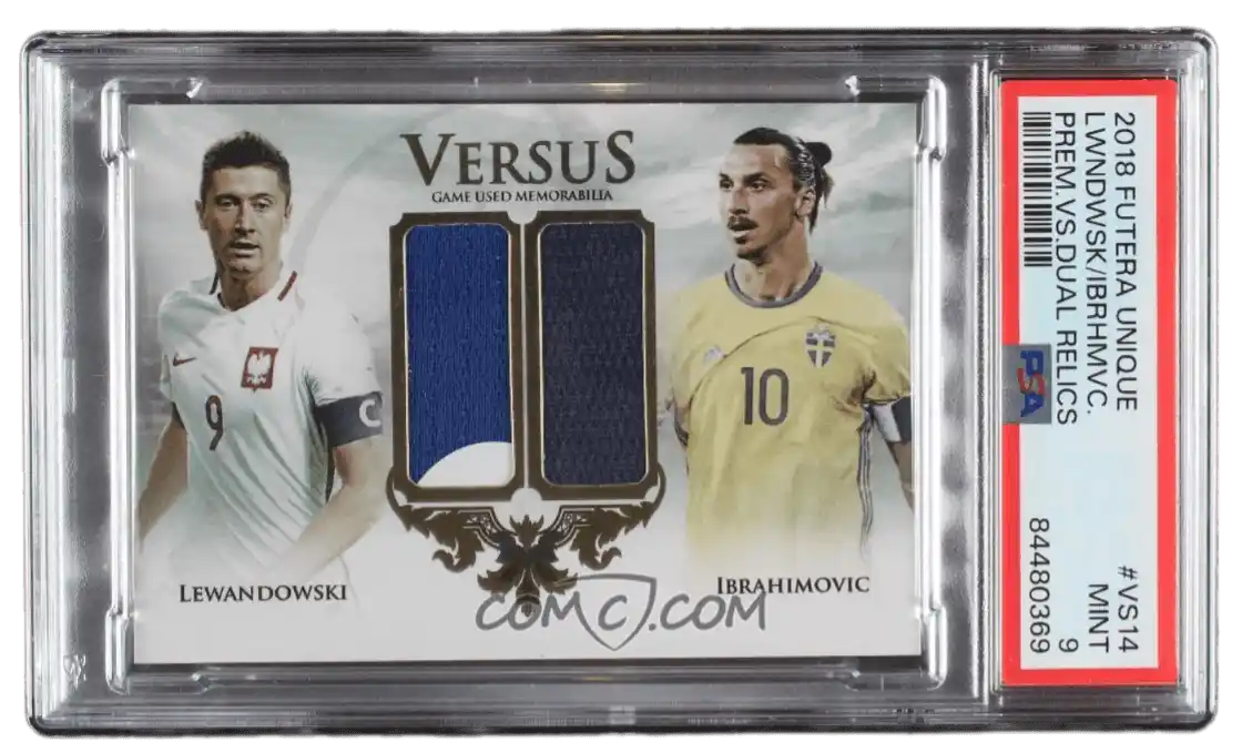 2018 Futera Unique - Versus Dual Materials #VS14 - Robert Lewandowski, Zlatan Ibrahimovic /35 PSA 9 MINT