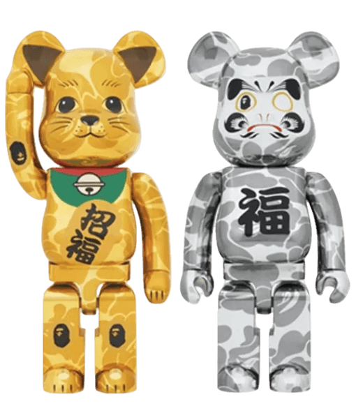 Bearbrick x BAPE Maneki Neko and Daruma 1000% 2x Set - Gold and Silver Plated