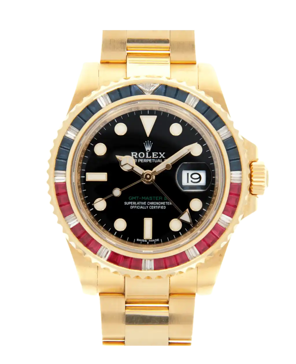 Rolex GMT Master II Black Dial - 40mm, Yellow Gold, Ruby Sapphire Bezel (2007)